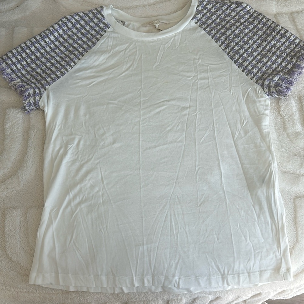 Maje Jersey T-shirt with tweed sleeves Ecru Purple